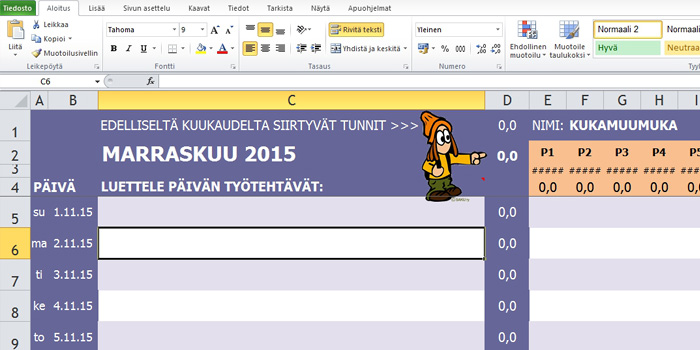 Excelissä toimiva tuntikirjaustaulukko (ml. projektikohtaiset tunnit)